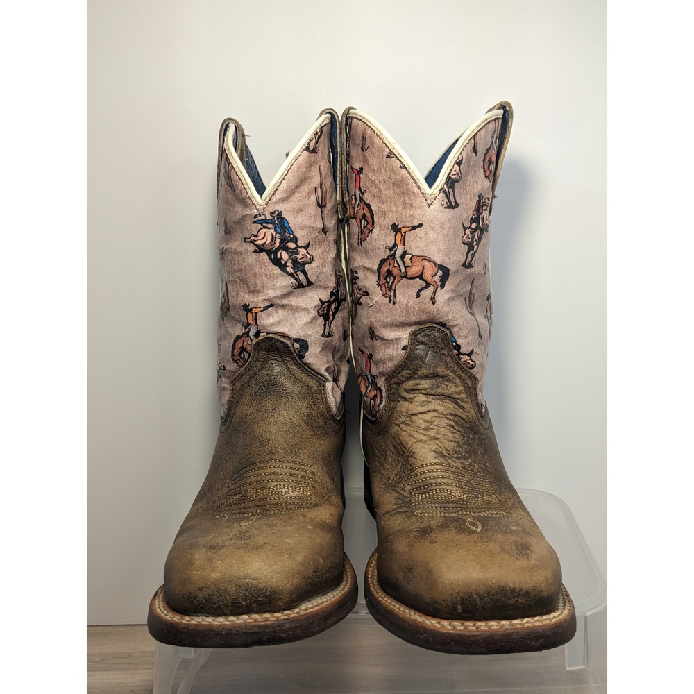 Handmade Mexico Leather Rodeo Cowboy Boots Brown Bronco Print Square Toe Boys 9
